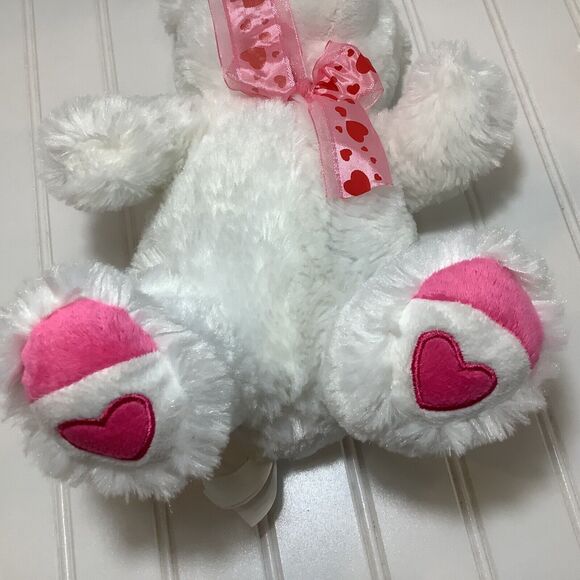 White Teddy Bear 13” Plush Pink Hearts on Feet  and Pink Red Heart Ribbon - Picture 4 of 6